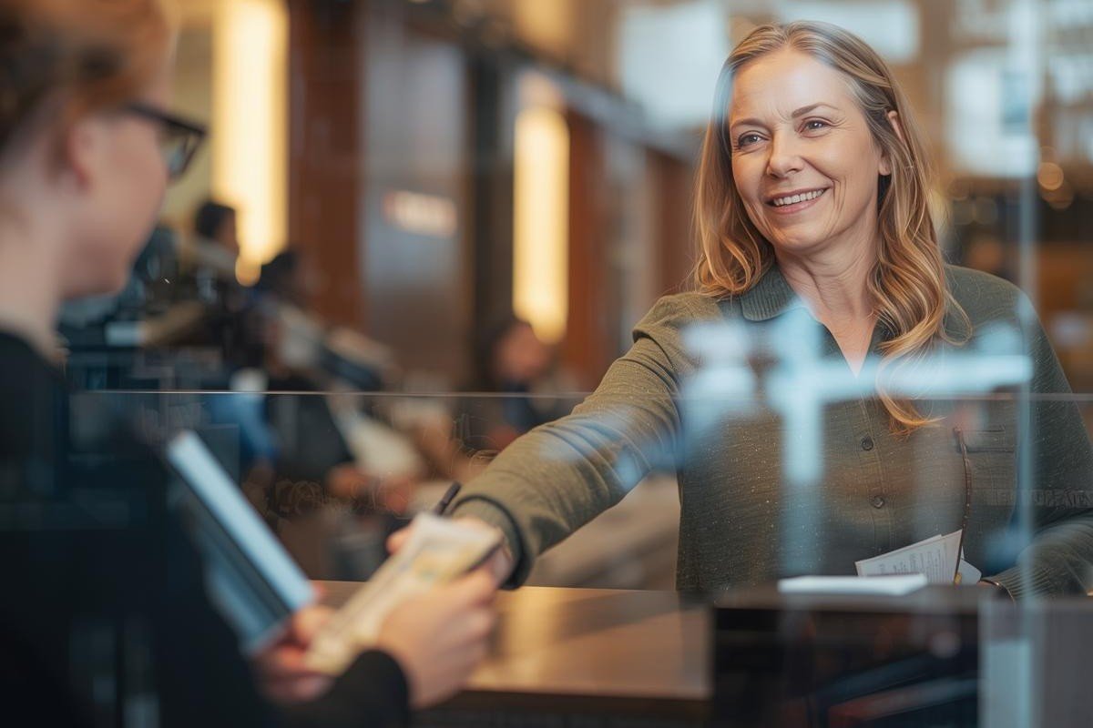 A woman withdraws early retirement funds at bank.