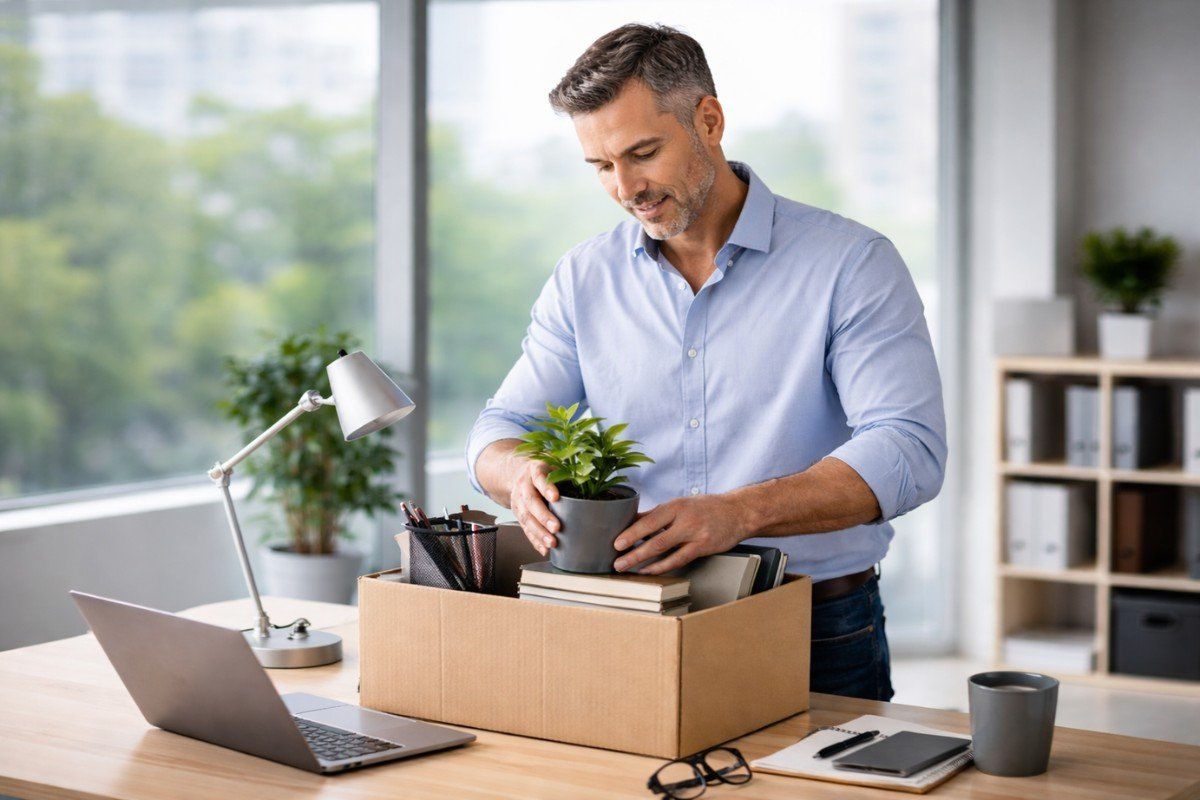 Man packing office items for early retirement.